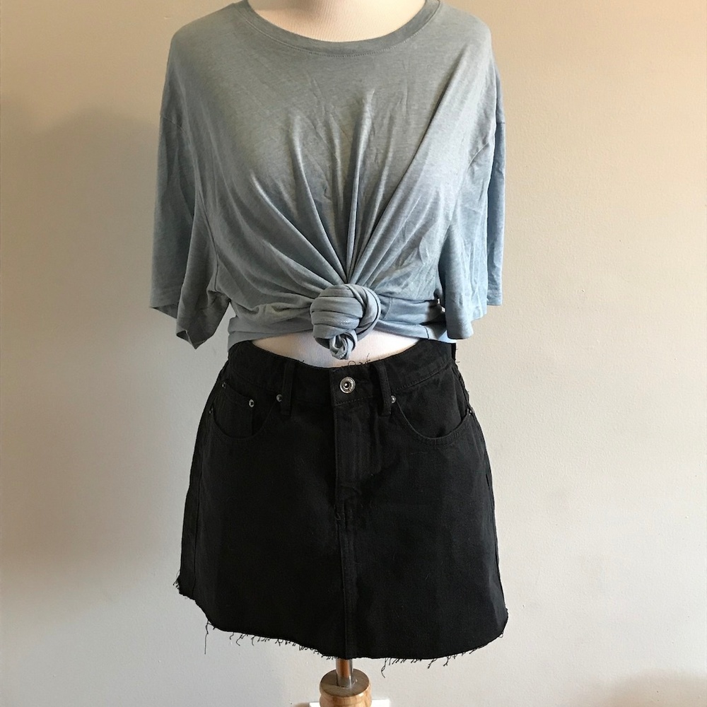 Trafaluc Rip Hem High Waisted Black Denim Skirt - Picture 3 of 8